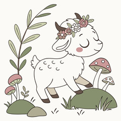 Delightful Sleepy Lamb in a Fairy forest scene with with a flower crown – Whimsy Woods vector illustration