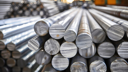 Stack of ferric stainless steel round bars, steel billets.  Aluminum steel manufacturing alloy rods factory 