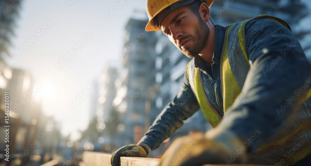 Poster a man in a yellow hard hat and reflective vest carefully examines shape memory alloys at a construct