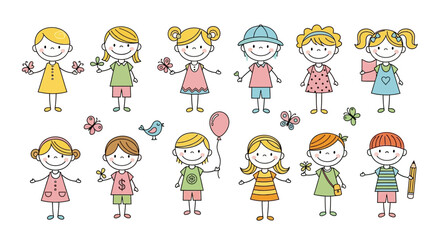 Cheerful Cartoon Children with Flowers, Butterflies, and a Balloon, Smiling.