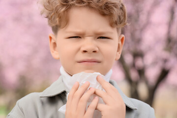 Sick little boy with tissue suffering from allergy outdoors, closeup