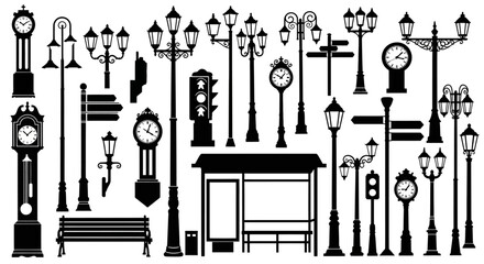 Silhouette Collection of Street Furniture: Clocks, Lamps, Signs, and Bus Stop © Basecamp