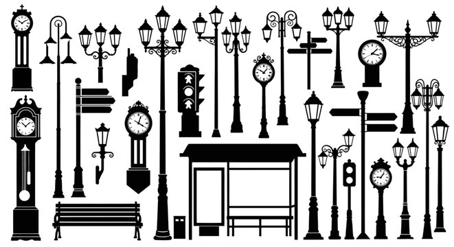 Silhouette Collection of Street Furniture: Clocks, Lamps, Signs, and Bus Stop
