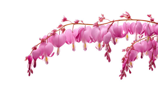 Delicate pink bleeding heart flowers cascade gracefully isolated on white background