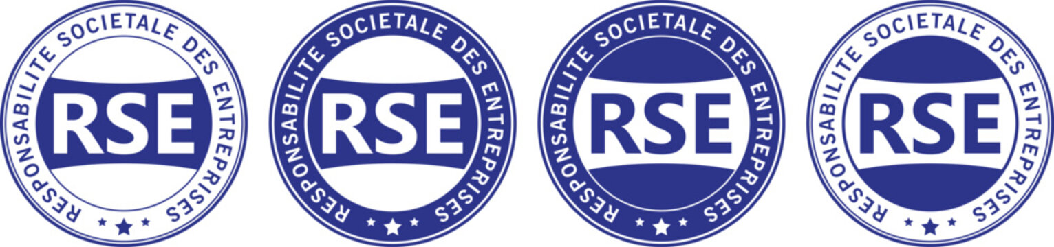 blue responsabilite societale des entreprises RSE certification badges with French text in round emblem style for corporate responsibility labels	