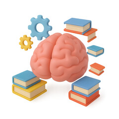 Brain surrounded by colorful books and gears on a transparent background. Concept of education, knowledge, intelligence, learning process, and mental development