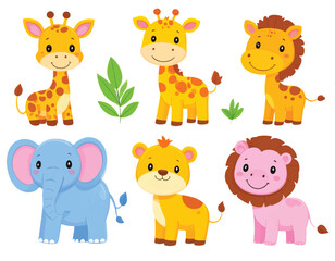 Fototapeta premium A funny cartoon animal vector set features a cute collection of baby pets including dogs, cats, elephants, lions, and giraffes