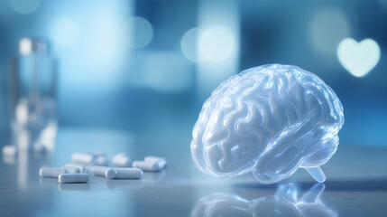 Illustrated brain encapsulated in a pill-shaped capsule, symbolizing breakthroughs in medical research and neuroscience advancement, healthcare campaigns, pharmaceutical advertising