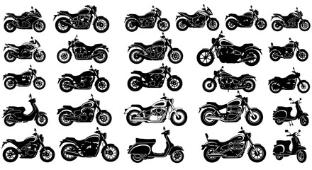 Collection of Silhouetted Motorcycles and Scooters in Various Styles