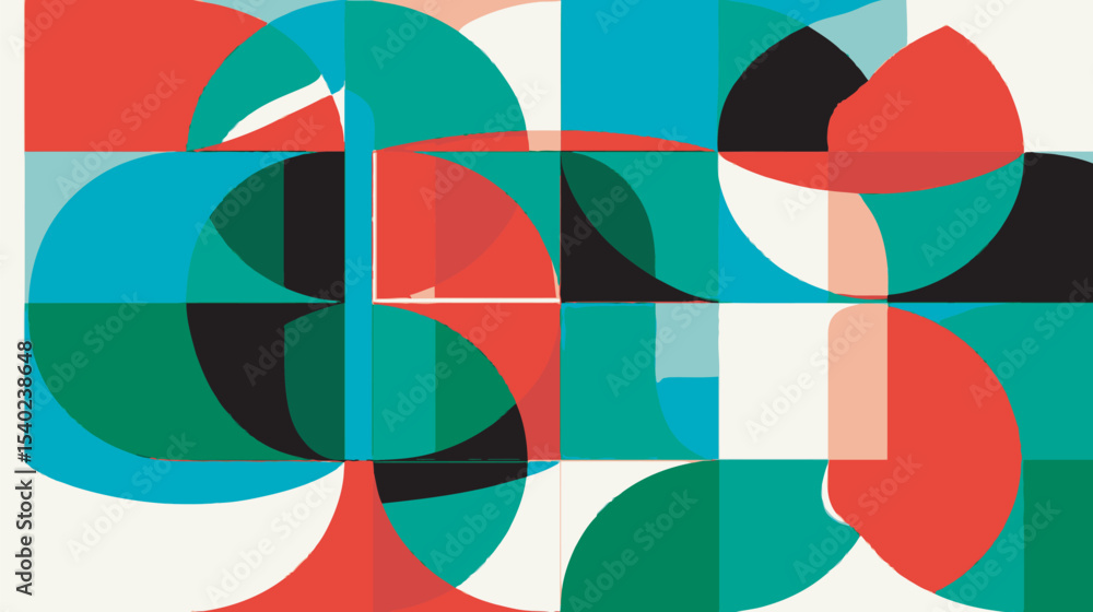 Poster geometric shapes overlap dynamically in vibrant square patterned composition