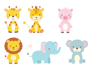 Cute baby animal cartoon character collection set with lion, elephant, bear, dog, rabbit, giraffe, pig, tiger, cow, zebra, and hippo vector illustrations