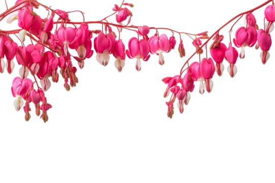 Delicate bleeding heart flower branch with heart-shaped petals isolated on white background