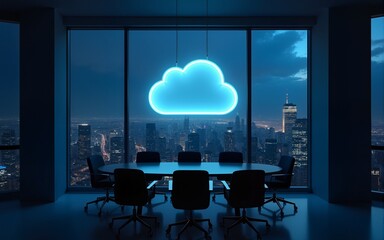 A nighttime cityscape view from a modern, dark conference room, featuring a glowing cloud symbol above a large window. High quality