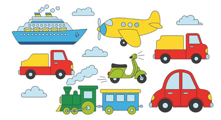 Colorful Transportation Vehicles Including Airplane, Car, and Ship