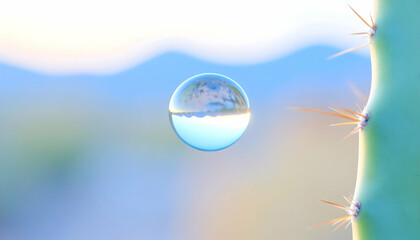 Water Droplet Reflection on Cactus in Desert Landscape