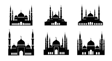 Fototapeta premium Silhouetted Islamic Mosques with Domes, Minarets, and Crescent Moons