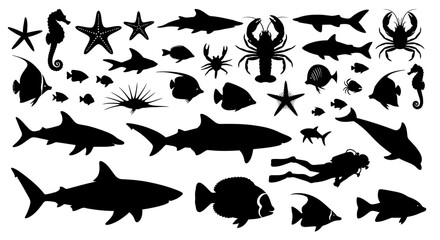 Silhouetted Marine Life Collection Featuring Sharks, Fish, and Diver