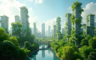 Innovative sustainable urban landscape concept integrating green architecture and Eco friendly futuristic planning for a modern cityscape. Image of green city. copy space for text. High quality