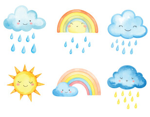 A complete weather icon set illustrating sun, cloud, rain, and storm for meteorology forecasts