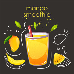 Mango smoothie. Detox drink with mango, banana, yellow watermelon. Vector illustration.