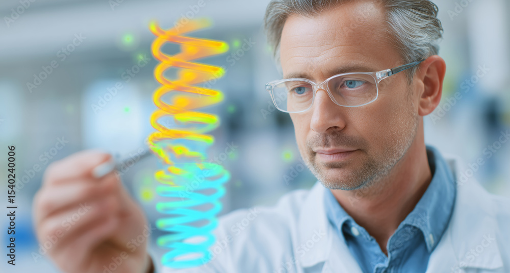 Poster a man in a lab coat studies colorful shape memory alloys and adaptive materials, including liquid me