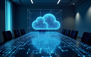 A futuristic conference room with a holographic cloud link globe and grid projection on the table surface. High quality
