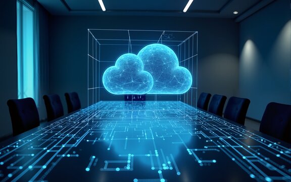 A futuristic conference room with a holographic cloud link globe and grid projection on the table surface. High quality