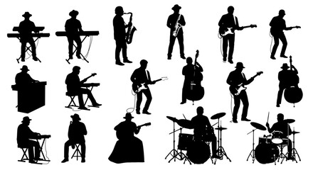 Silhouetted musicians playing diverse instruments: saxophones, guitars, keyboards, drums, and double bass