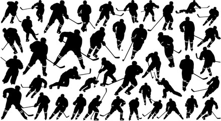 Silhouettes of Hockey Players in Action Poses with Sticks and Gear