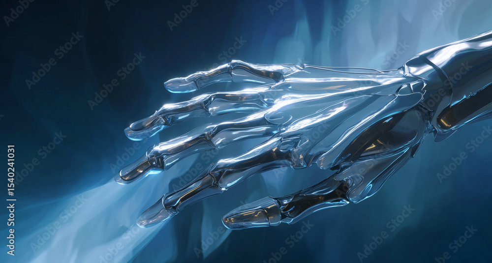 Poster This display showcases a futuristic hand made from adaptive liquid metal and shape memory alloys, demonstrating its capacity for transformation and flexibility in various environments.