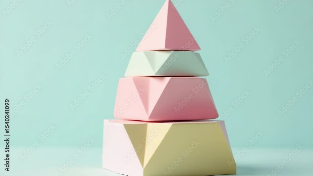 Poster a stack of colorful paper pyramids on a flat surface.