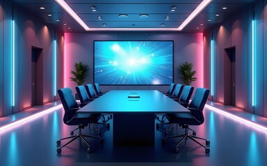 Futuristic Conference Room: A modern conference room equipped with the latest technology for business presentations and video conferencing. ai generated. High quality