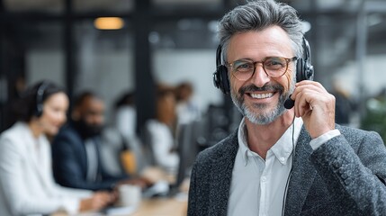 Smiling mature man with headset and glasses in office setting with blurred colleagues visible behind him on transparent background