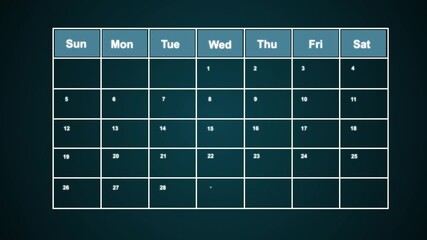 The calendar 30th day of the month is red circled ,Calendar interface with highlighted dates and event icons, looped animation.