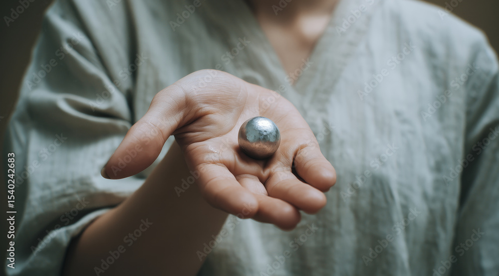 Aufkleber A person holds a shiny sphere of mercury in their hand, demonstrating the unique properties of this liquid metal. This showcases the potential for adaptive and shape memory alloys in technology.