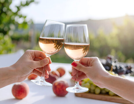 Two people toasting with glasses of rosé wine outdoors, with fruit and a blurred vineyard background.