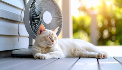 涼しげな縁側で扇風機の風に吹かれながら眠る白い猫