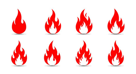 Eight Red and White Flame Icons Set, Graphic Design Elements