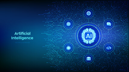 AI. Artificial Intelligence technology. Digital brain. Neural network. Machine learning. Deep learning. Big data analysis. Background with circuit board connections and tech icons. Vector Illustration