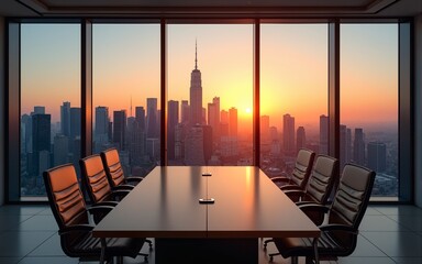 A modern conference room with large glass windows, offering a breathtaking sunset view over a busy metropolitan skyline. High quality