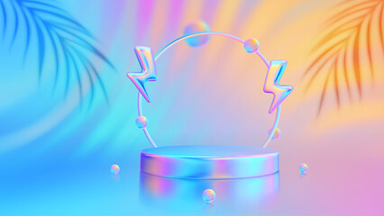 Stage podium with lightning bolt icon. Product podium with a palm leaves shadows. Flash sale. Summer mega sale special offer. Discount shopping. Sale promotion. Sunset, sunrise sky colors. Vector.