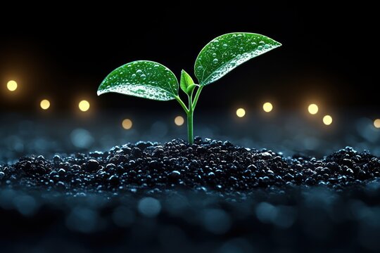 Emerging seedling reaching toward light in a glowing soil scene.