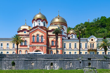 Obraz premium View of the New Athos Monastery of Simon the Canaanite on a sunny May day. New Athos