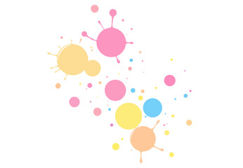 A colorful abstract design featuring pastel circles and splashes in pink, yellow, blue, and orange on a white background.