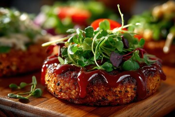 Savory vegetarian cutlet drizzled with rich barbecue sauce, topped with fresh microgreens served on rustic wooden board