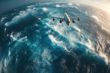 Naklejka premium Commercial airplane soaring above turbulent ocean waves during golden hour, showcasing travel and adventure possibilities