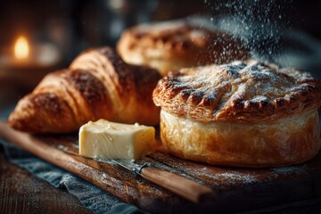 Golden croissant, butter, and savory pie receiving sprinkling of powdered sugar on rustic wooden board for baking concept