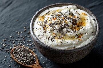 Creamy yogurt in a rustic bowl topped with chia seeds and zest, alongside a wooden spoon with more seeds.