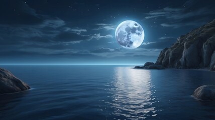 Bright Full Moon Over Calm Ocean Scene with Rocky Coast Under Night Sky
