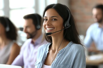 Indian telephone consultant with a headset and microphone serves customers in a call center